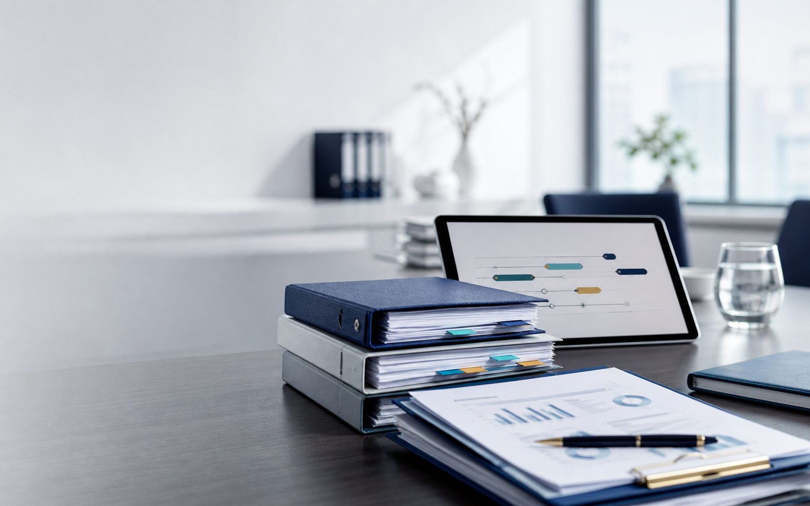 Clinical research operations documents and study planning materials on a professional desk